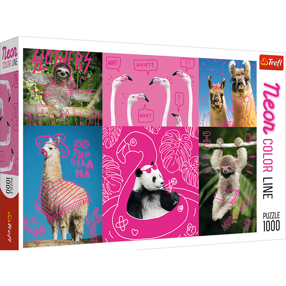 Crazy Animals, Silly Animals, Panda, Llama, Sloth, Flamingo - 1000 Piece Jigsaw Puzzle