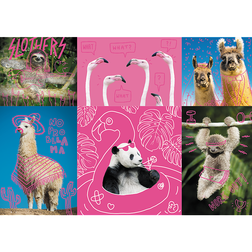 Crazy Animals, Silly Animals, Panda, Llama, Sloth, Flamingo - 1000 Piece Jigsaw Puzzle