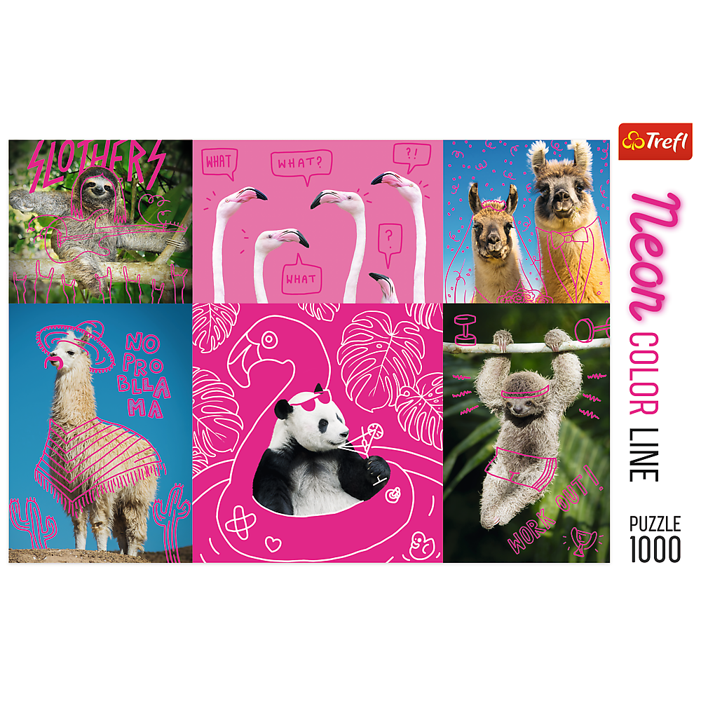 Crazy Animals, Silly Animals, Panda, Llama, Sloth, Flamingo - 1000 Piece Jigsaw Puzzle