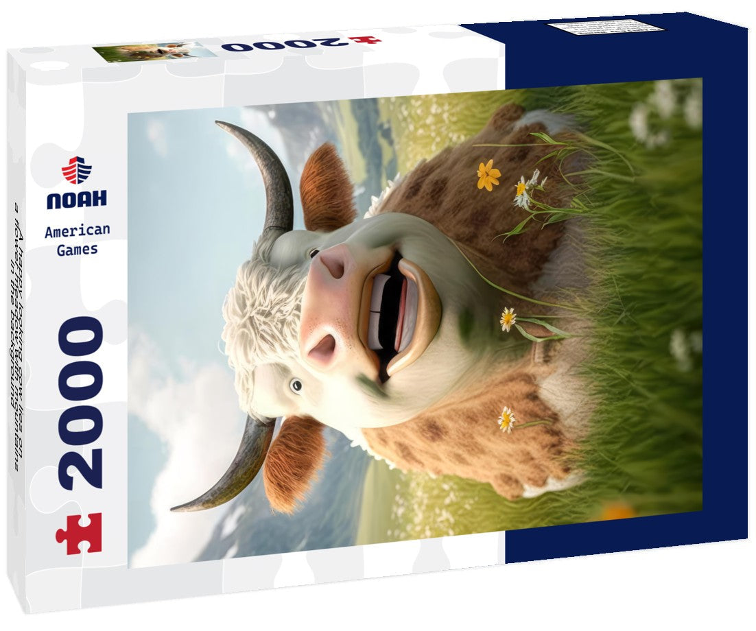 A happy looking cow lies on a flower meadow with mountains in the background 2000pc Puzzle