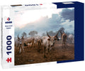 A herd of Ankole Watusi cows graze against a cloudy sunset sky in South Sudan, Africa. 1000pc PuzzleBlack and White