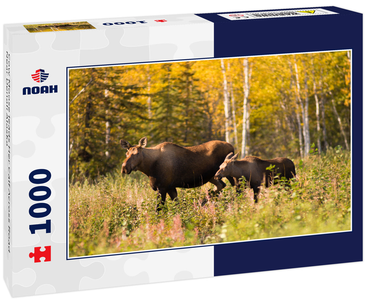 Cow Moose leads Her Calf Across Road Near Denali Alaska 1000pc Puzzle