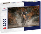 A vintage action shot of a cowboy riding a horse, wading through the water and holding a rifle, Texas 1000pc Puzzle