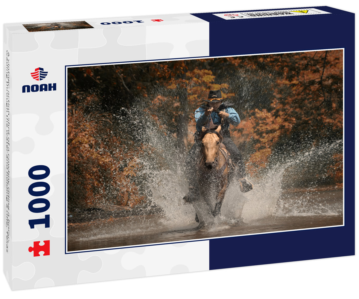 A vintage action shot of a cowboy riding a horse, wading through the water and holding a rifle, Texas 1000pc Puzzle