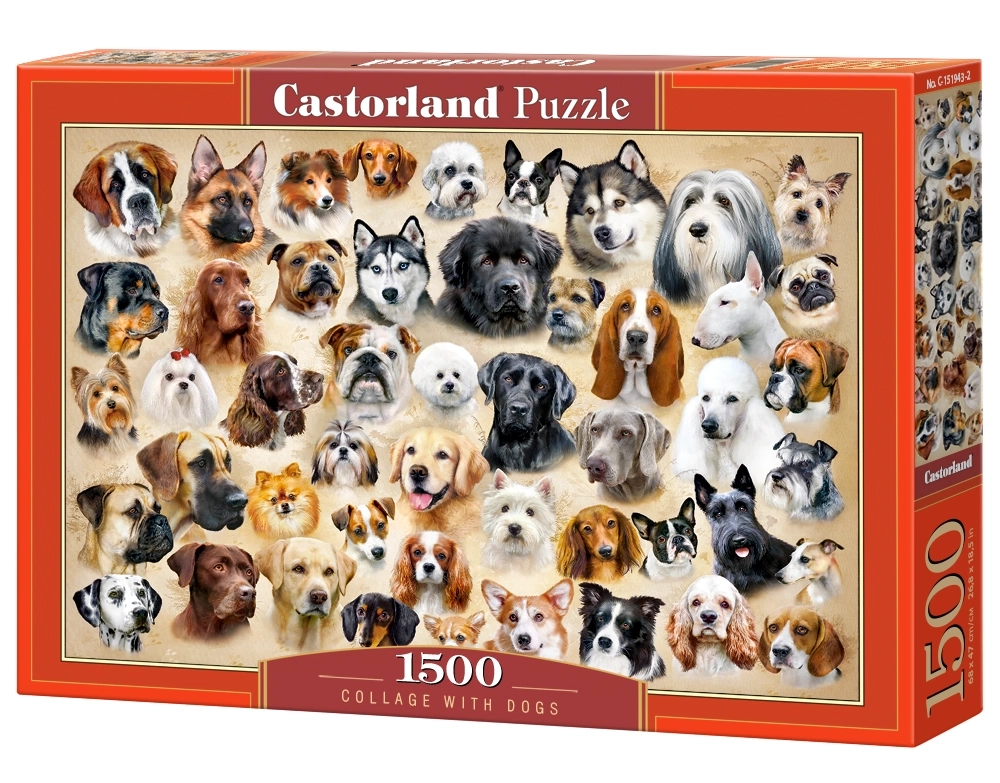 1500 Piece Jigsaw Puzzle, Collage with Dogs, Challenging Multi-Pet Portrait Gallery, puppy collage jigsaw, Adult Puzzle, Castorland C-151943-2
