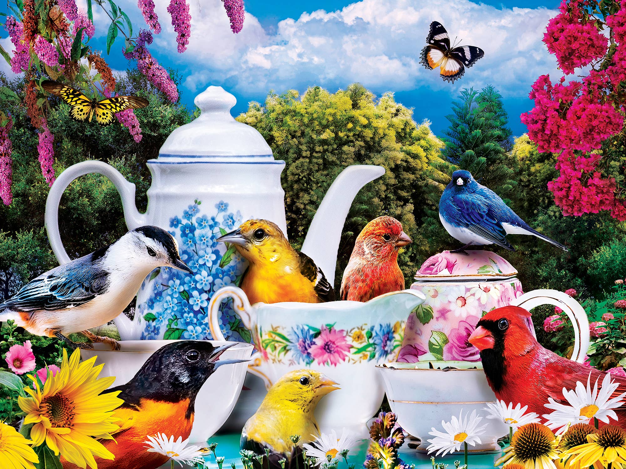 Wild & Whimsical - Garden Party 300 Piece EZ Grip Puzzle by MasterPieces | Cute Birds Tea Time Jigsaw Puzzle